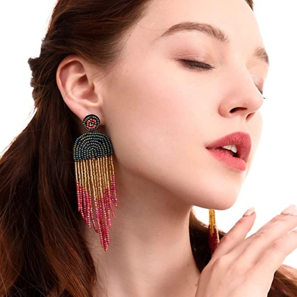 Free People ⭐️ Long Beaded Tassel Earrings - Picture 3 of 4